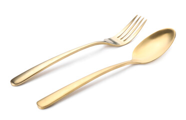Shiny golden fork and spoon isolated on white. Luxury cutlery