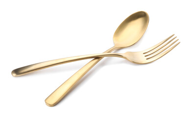 Shiny golden fork and spoon isolated on white. Luxury cutlery