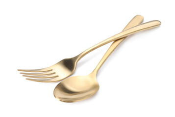 Shiny golden fork and spoon isolated on white. Luxury cutlery