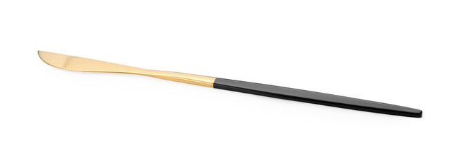 One shiny golden knife with black handle isolated on white