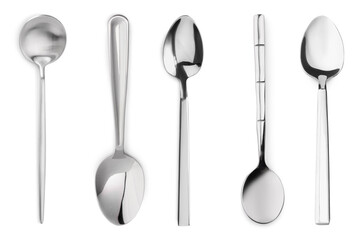 Different stylish silver spoons on white background - obrazy, fototapety, plakaty