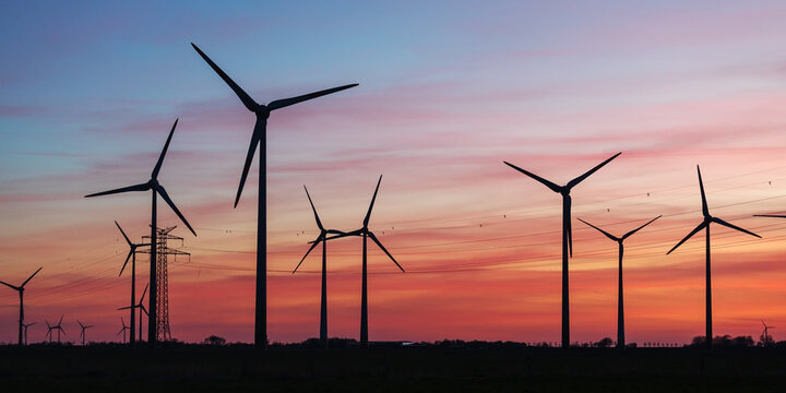 Windr&auml;der nach Sonnenuntergang im Abendrot mit Wolken bei Sch&uuml;lp in Dithmarschen, Schleswig-Holstein.