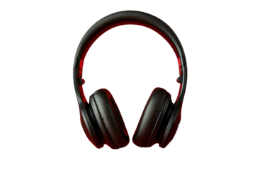 headset business creative design desk style space hipster table modern colours view top flat object lay lifestyle levitation audio music earphones Black headphones red background Minimal concept