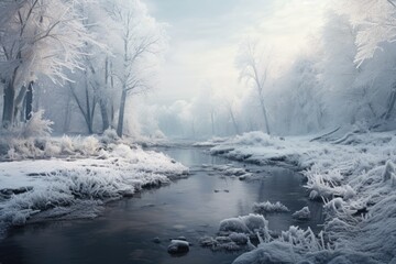 Winter scene. River and trees covered with snow. AI Generated