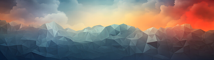 A majestic low poly mountain peaks through the ethereal clouds, creating a dreamlike landscape shrouded in mist and mystery