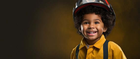 Latino boy with afro hair dressed as a firefighter playing to fulfill his dreams and goals in the future - obrazy, fototapety, plakaty