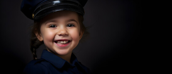 girl dressed as a police officer playing to fulfill her dreams and goals in the future - obrazy, fototapety, plakaty