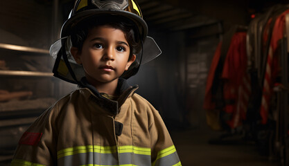 Latino boy dressed as a firefighter playing to fulfill his dreams and goals in the future