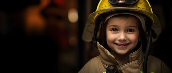 girl dressed as a firefighter playing to fulfill her dreams and goals in the future - obrazy, fototapety, plakaty