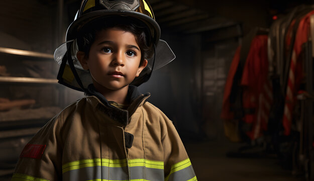 Latino boy dressed as a firefighter playing to fulfill his dreams and goals in the future
