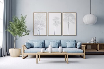 Japandi minimalist living room with frame mockup in white and blue tones. sofa, rattan furniture, and wallpaper. design of a farmhouse interior. Generative AI 