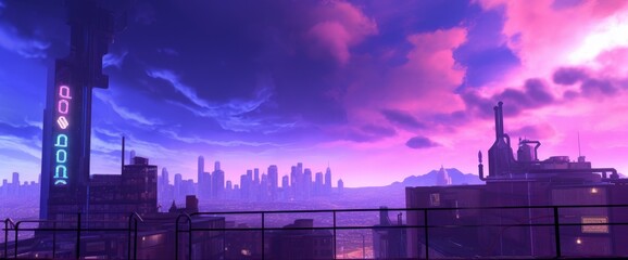 City of a future against purple sunset sky with clouds. Futuristic building with bright neon lights. Wallpaper in a style of cyberpunk. 3D, Generative AI 