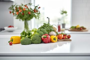 Vegetables on counter in white modern kitchen.