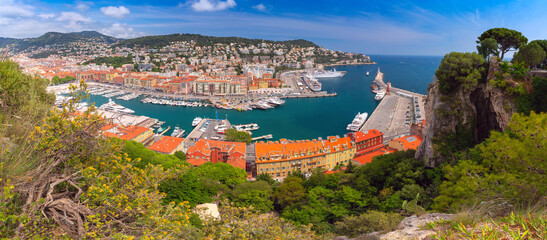 Aerial panorama of Nice Old port in sunny summer day, Nice, French Riviera, Cote d'Azur, France
