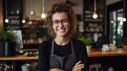 Foto op Canvas A cheerful woman with a bright smile stands behind the bar, her glasses perched on her nose and an apron tied around her waist, ready to serve a refreshing bottle of drinks against a colorful wall ba © Daniel