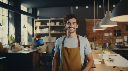 A man with a warm smile wearing an apron stands confidently in a bustling restaurant kitchen, surrounded by cabinetry and furniture as he prepares delicious dishes on the countertop