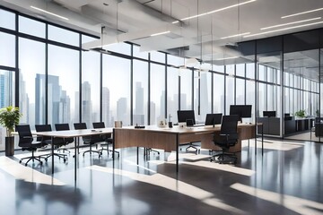 A sleek and modern office interior with floor-to-ceiling windows, contemporary furniture, and a...