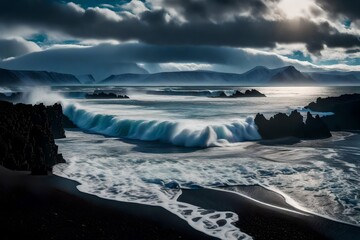 A breathtaking landscape of Iceland's iconic black sand beach, with powerful waves crashing against the shore and a dramatic sky overhead