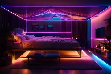A vibrant neon-lit bedroom with a neon aquarium as a headboard, casting a colorful underwater glow...