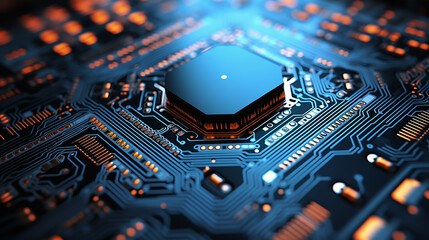 Futuristic Motherboard Closeup: Neon-Lit Integrated Microchip Circuit Board, High-Tech Computer Processor Technology