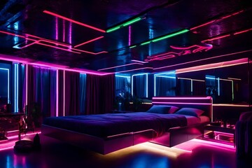 A cozy neon-lit bedroom adorned with holographic artwork and a translucent canopy bed, casting a soft glow across the room
