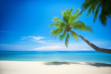 Coconut tree on beach with blue sea and sky in summer.