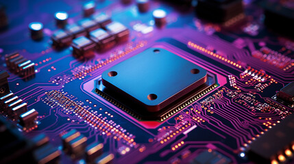 Fototapeta na wymiar Futuristic Motherboard Closeup: Neon-Lit Integrated Microchip Circuit Board, High-Tech Computer Processor Technology