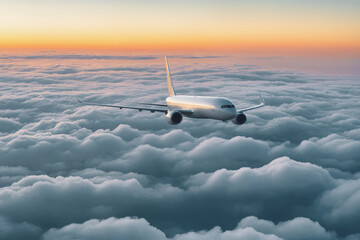The passenger plane is above the sea of clouds - obrazy, fototapety, plakaty