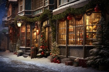 House decorated for Christmas and New Year season. Winter scene. Lights in windows. Snowy night. AI Generated