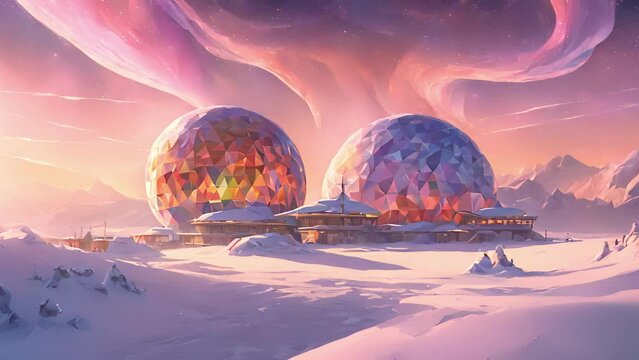 flew towards Aurora Research Outpost, giants polar regions came into view, landscape coated soft, ethereal light. aurora danced across kaleidoscope colors, while research 2d animation