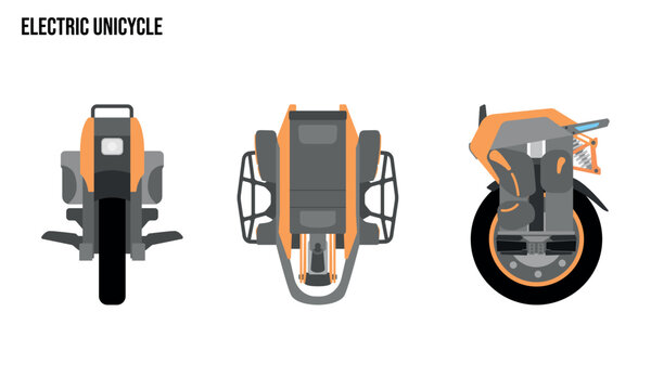 Electric monocycle Flat design illustration, Public Vehicles , top view, side view, front view, isolated by white background