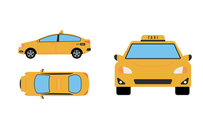 Taxi Flat design illustration, Public Vehicles , top view, side view, front view, isolated by white background