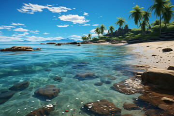 Fototapeta na wymiar Clear blue sea with beach and coconut farm on blue sky background.
