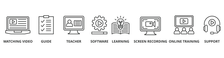 Video tutorial banner web icon vector illustration concept with icon of watching video, guide, teacher, software, learning, screen recording, online training, support