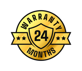 24 months warranty. Shield, stars, ribbon circle gold label. For icon, logo, seal, tag, sign, symbol, badge, stamp, sticker, etc. Vector
