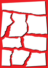 赤い背景のちぎられた白い紙片フレーム9点セット - obrazy, fototapety, plakaty