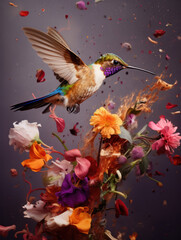 Animal hummingbird in an explosion of flowers generatieve ai fine wall art 