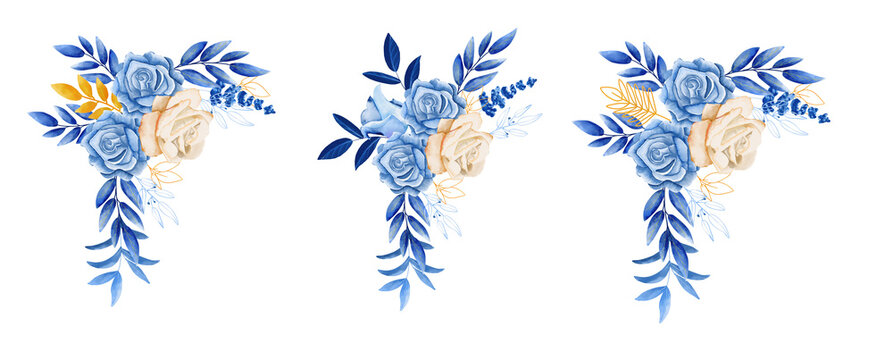 Watercolor blue roses floral bouquet, frame of blue rose, winter blue flower gentle clip art, for invitation, celebration, wedding invitation, etc.