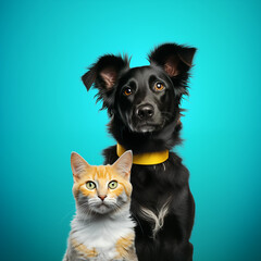 Ginger Cat and Black Dog on Teal Background