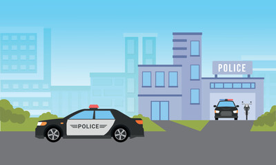 Police car front on departement of police office city landscape view background, Flat style design illustration