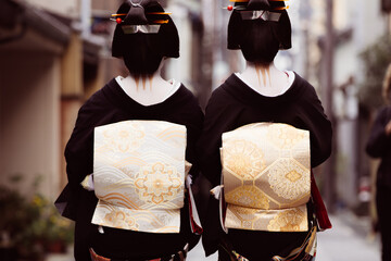 Traditional geisha out and about walking in Gion, Kyoto, Japan.
