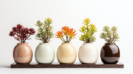 Five Glossy Vases with Diverse Plants on Wooden Shelf