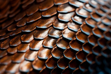 Close-up of textured scales pattern with a gradient of brown to blue hues, suitable for backgrounds or abstract designs.