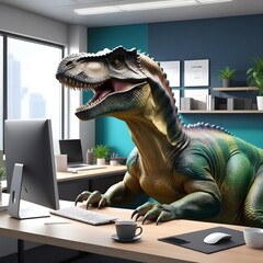 Dinasaur with computer, office worker concept, anthropomorphic reptile - obrazy, fototapety, plakaty