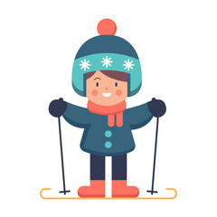 Cute girl stands on skis. Winter sports for children. Happy New Year 2024. Happy holidays. Flat vector illustration in cartoon style isolated on white background.