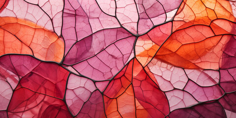 Abstract background of colorful translucent leaf textures in close-up with a vibrant autumn palette.