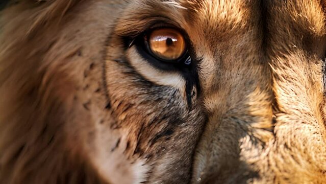 A closeup of a lions powerful and stoic eye, framed by its magnificent whiskers and dark fur.