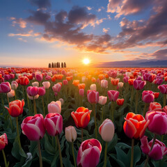 A field of tulips in various shades under the morning sun