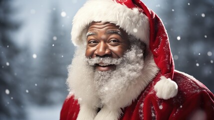Smiling African-American Santa Claus. Snowy day. New Year scene. AI Generated