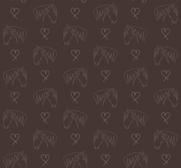 Vector seamless pattern of hand drawn line horses and hearts isolated on brown background